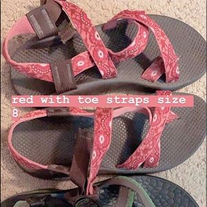 red flowered chacos